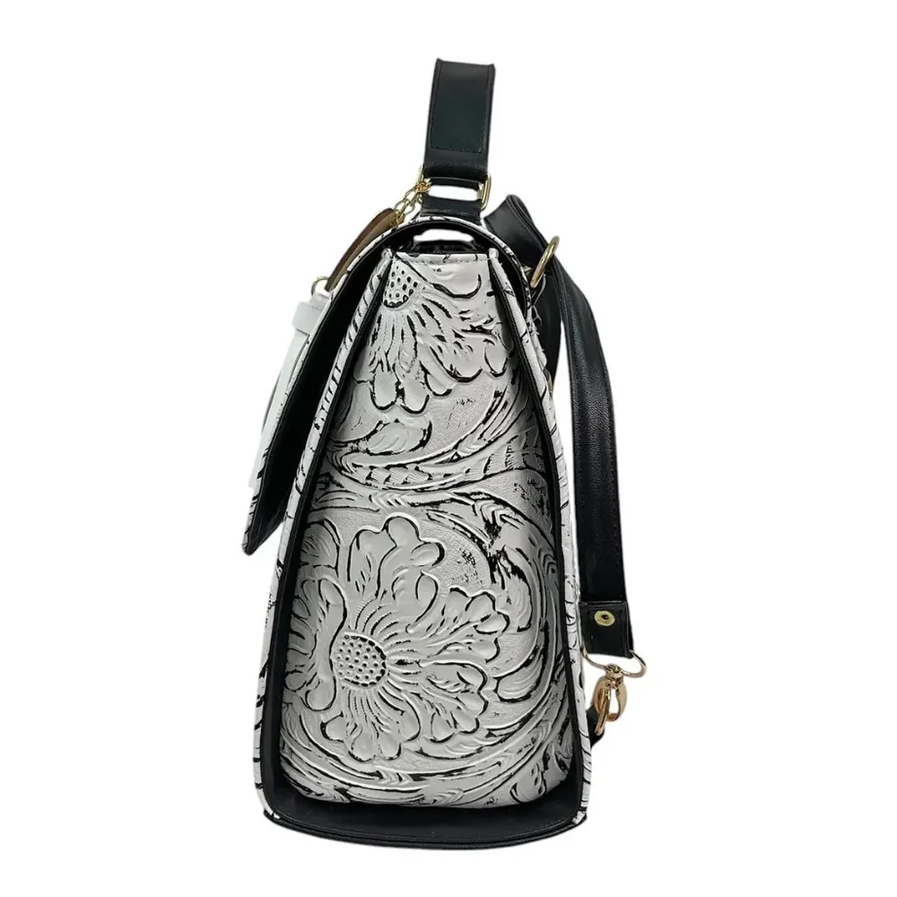 LEATHER White & Black BACKPACK Embossed Tooled Artisan Shoulder Bag Purse Hobo